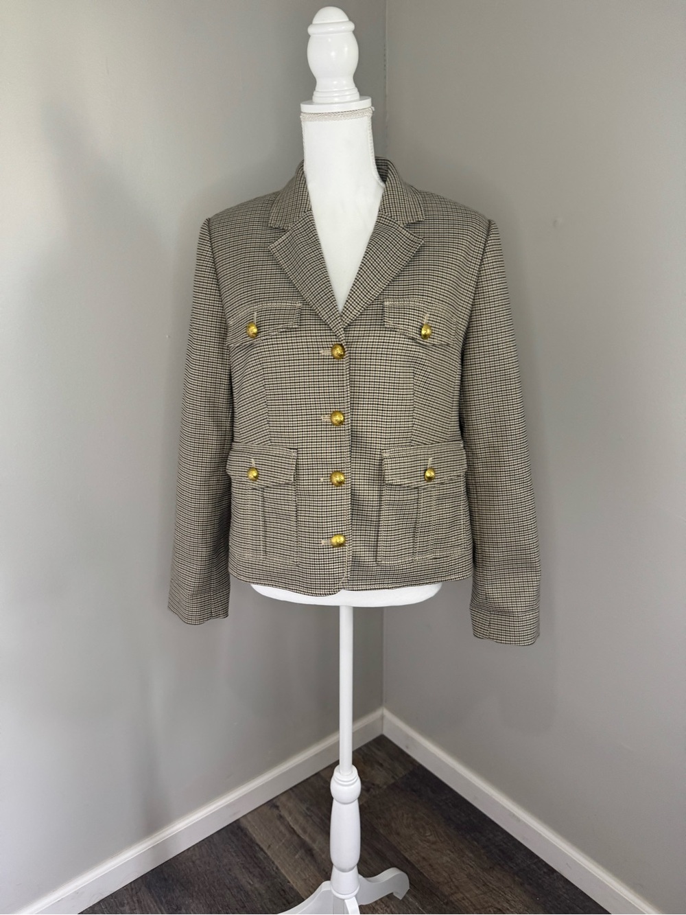 LOFT Houndstooth Button-Front Blazer in Taupe with Gold Buttons